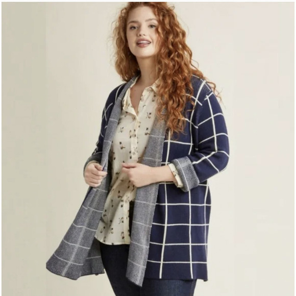 ModCloth Navy/Cream Simply Snuggly Check Windowpane Cardigan M - Picture 1 of 4
